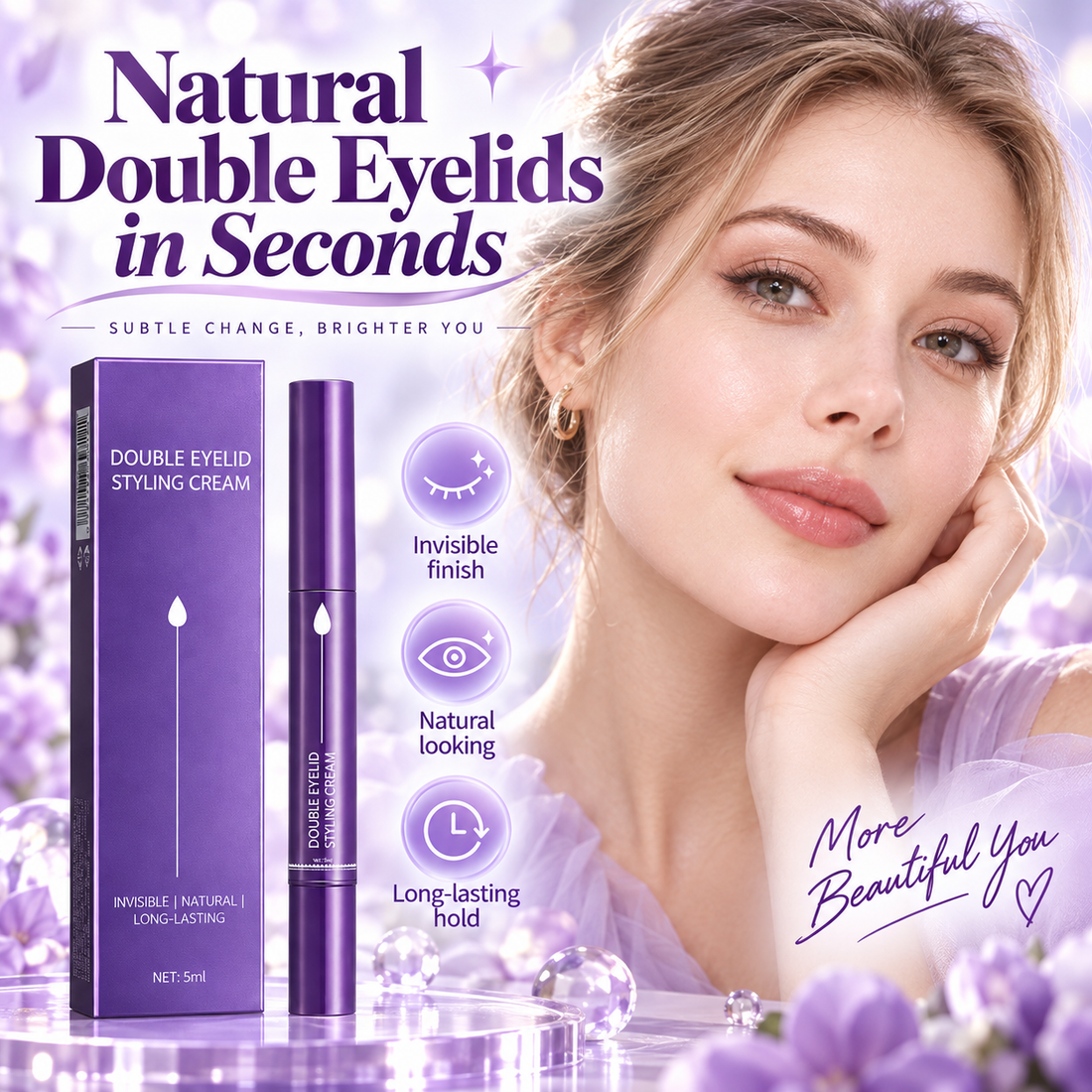 Viridifex purple double eyelid styling cream pen, 5ml, beside model demonstrating natural-looking eyelid styling